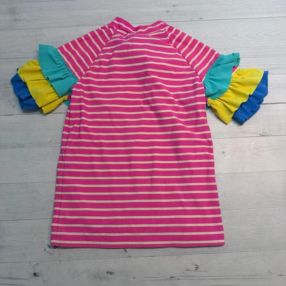Mini Boden girls pink striped unicorn‎ short sleeve rashguard 11/12